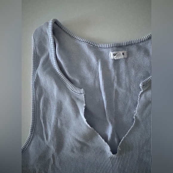 GARAGE VNECK CUT OUT CROPPED RIBBED BLUE TANK TOP HALTER IN SIZE MEDIUM - Picture 3 of 4